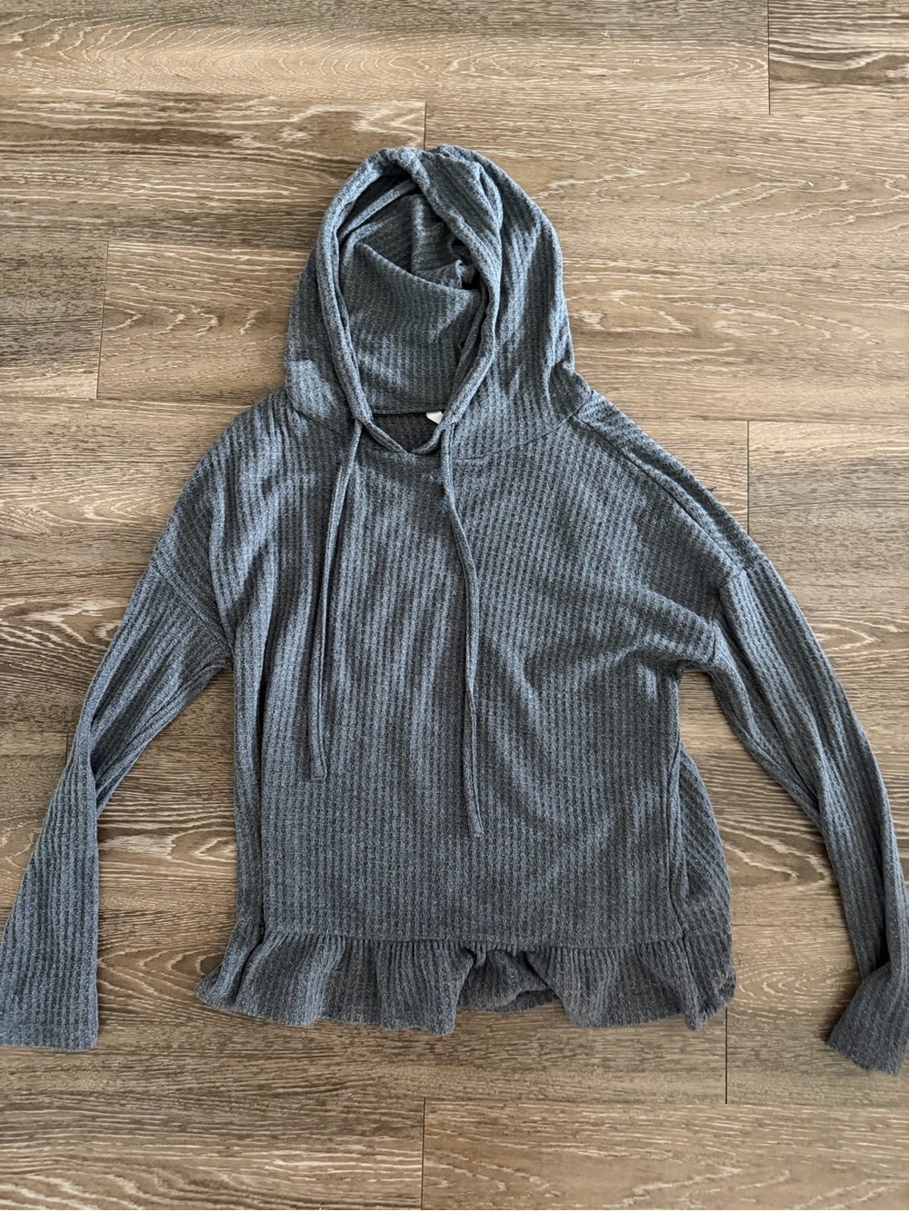 LC Lauren Conrad Charcoal Hooded Waffle Knit Sweater with Ruffle Hem